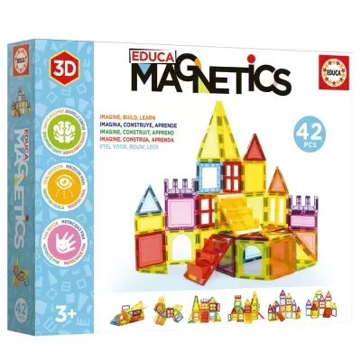 Caixa de brinquedo Educa Magnetics 3D com 42 peças magnéticas coloridas para construir castelos