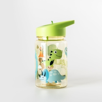 Garrafa plástica com tampa verde e ilustrações de dinossauros