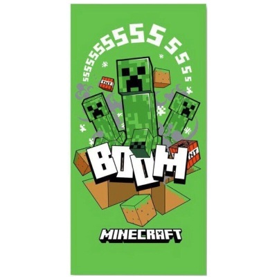 Toalha verde com personagens Creeper e texto Minecraft