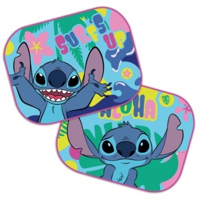 Duas almofadas coloridas com personagem Stitch e texto SURFS UP e ALOHA