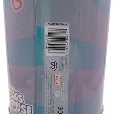 Embalagem cilíndrica azul e lilás com texto e selo de segurança