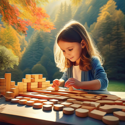 Criança a brincar com blocos de madeira ao ar livre