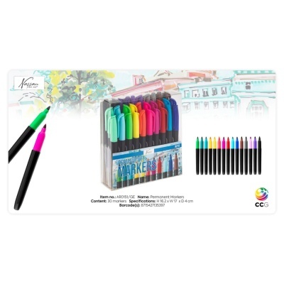 Conjunto de 30 marcadores permanentes coloridos em caixa transparente.