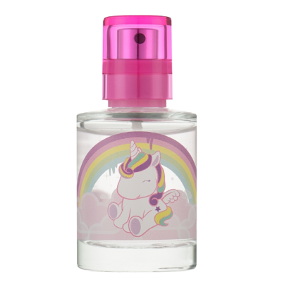 frasco transparente com spray rosa e etiqueta de unicórnio colorido