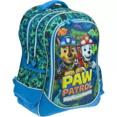 Mochila azul e verde com personagens da PAW PATROL e texto ROARsome Rescue