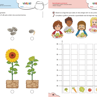 Livro de atividades infantil com ilustrações de girassol e crianças a comer legumes