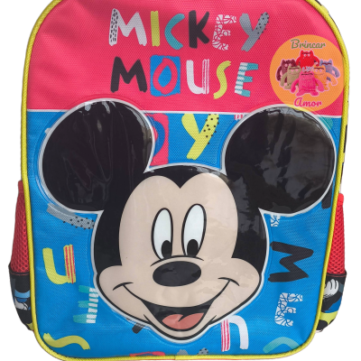 mochila infantil vermelha e azul com estampa do Mickey Mouse e texto