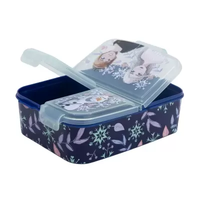 Marmita azul com tampa transparente decorada com personagens e padrão de folhas e flocos