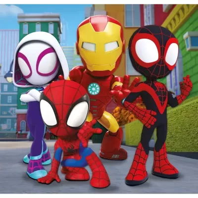 Quatro personagens de desenho animado superheroicos em rua urbana colorida