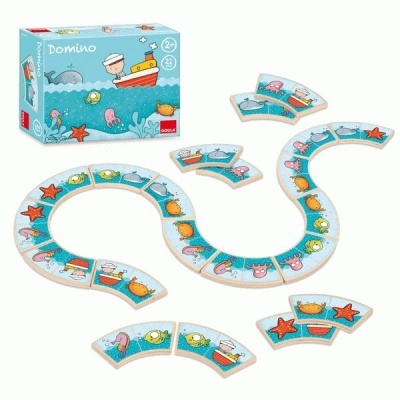 Jogo de domino infantil com peças ilustradas e embalagem colorida