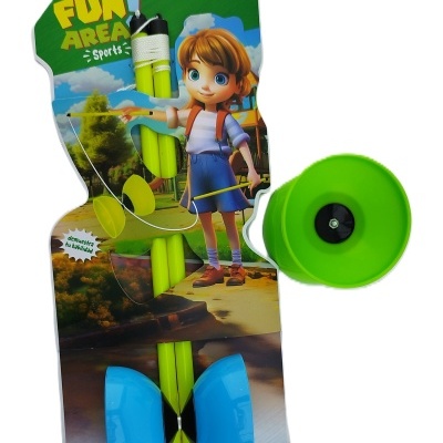 Brinquedo diabolo Fun Area Sports com cones azuis e eixo verde limão em embalagem cartaz