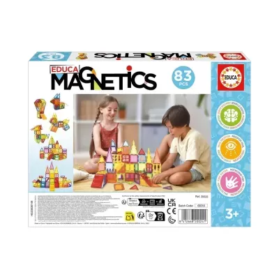 Caixa de brinquedo Educa Magnetics com peças magnéticas coloridas e imagem de crianças a brincar