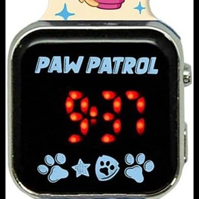 Relógio digital para crianças Paw Patrol com personagens coloridos na bracelete e ecrã preto com horas em vermelho