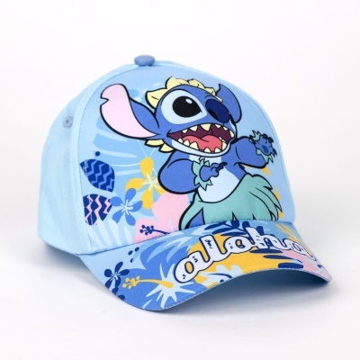 Boné azul claro com personagem Stitch e estampa floral colorida