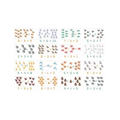 Puzzles educativos de matemática com operações e ilustrações de animais coloridas em fundo branco.