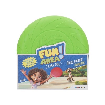 Disco voador verde com embalagem colorida e desenho de criança e cão