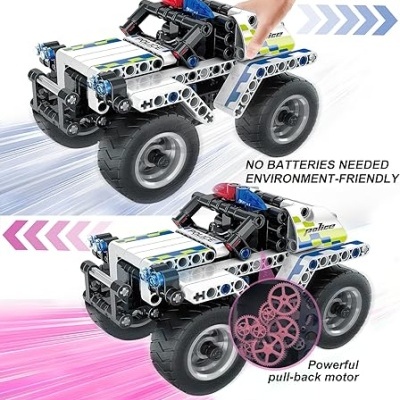 Brinquedo de veículo tipo polícia de construção com peças plásticas coloridas e texto promocional