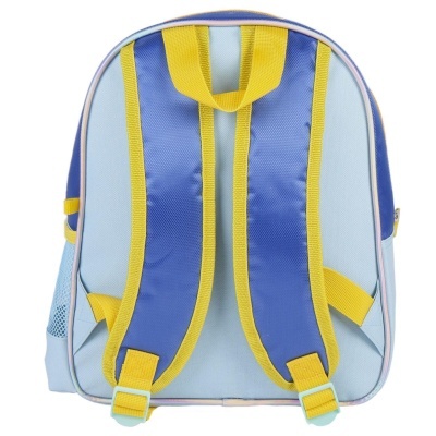 Mochila azul claro com alças azuis e amarelas vista de trás