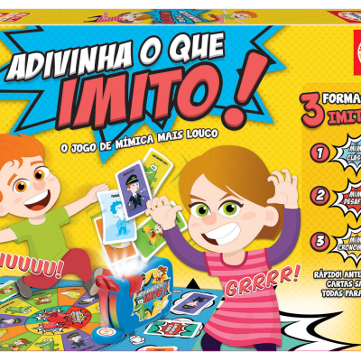 Caixa de jogo educativo 'ADIVINHA O QUE IMITO!' com ilustração de crianças e instruções para jogo de mímica