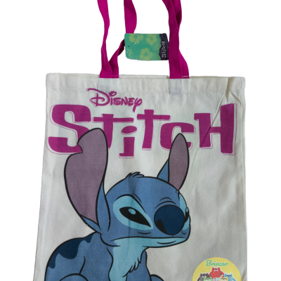 Saco de pano branco com estampa da personagem Stitch da Disney e alças rosa