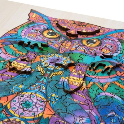 Puzzle de coruja colorido em madeira com padrão detalhado