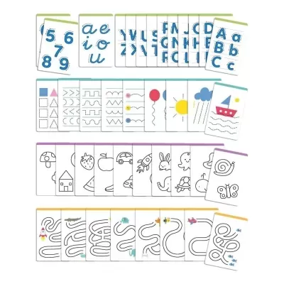 Cartas educativas com números, letras e imagens em várias cores e preto e branco.