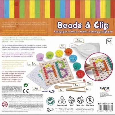 Conjunto educativo Beads & Clip com contas de madeira coloridas e moldura quadrada.