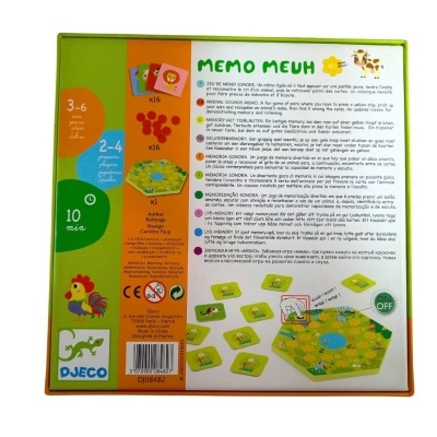 Jogo de cartas Memo Meuh da Djeco para crianças de 3 a 6 anos, com cartas coloridas e placa de jogo hexagonal verde