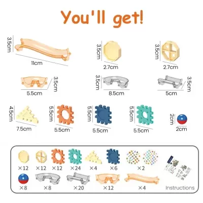 Componentes de brinquedo de construção coloridos com instruções e medidas.