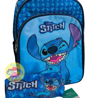 Mochila azul Disney Stitch com estojo e etiqueta