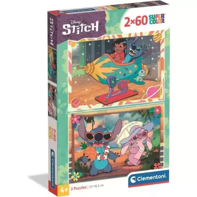 Caixa de puzzles Disney Stitch com 2 puzzles de 60 peças cada, coloridos, para maiores de 4 anos.