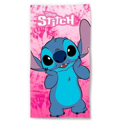 Toalha rosa com personagem Stitch da Disney e texto 'Disney Stitch'