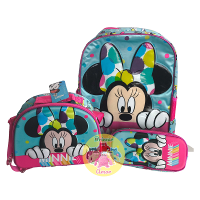 Conjunto escolar com mochila, saco e estojo decorados com imagem da Minnie Mouse colorida