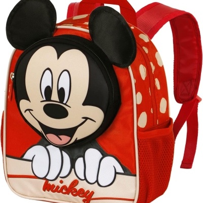 mochila vermelha infantil do Mickey com orelhas e padrão de bolinhas
