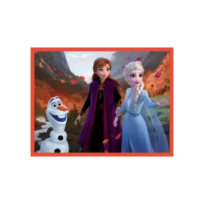 Personagens de Frozen: Olaf, Anna e Elsa em cenário outonal montanhoso.