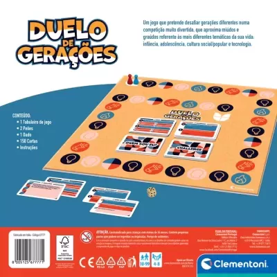 Jogo de tabuleiro Duelo de Gerações com peões, cartas, dado e texto em português