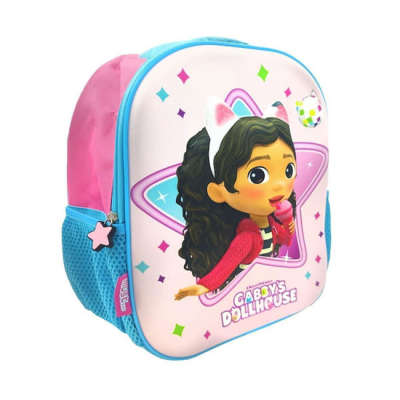 Mochila infantil rosa e azul com personagem de desenho animado Gabby e texto GABBY'S DOLLHOUSE