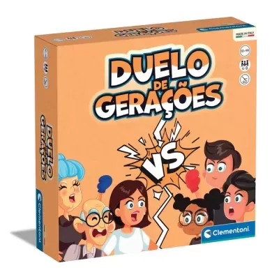 Caixa do jogo Duelo de Gerações com ilustrações de personagens em estilo cartoon