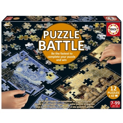 Caixa do jogo de tabuleiro Puzzle Battle com peças de puzzles e pinturas clássicas