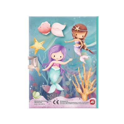 Caderno com capa ilustrada com sereias e elementos marinhos com fecho