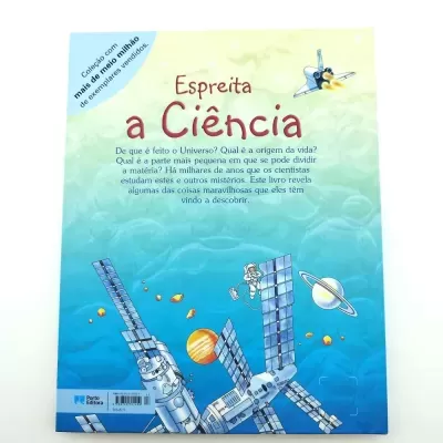 Capa de livro infantil Espreita a Ciência com ilustrações espaciais e texto em português.