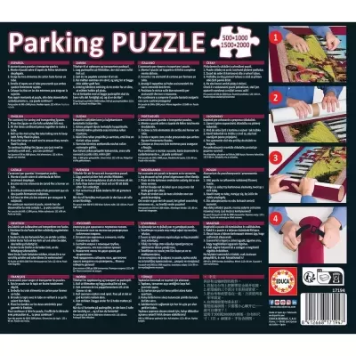 Embalagem do acessório Parking Puzzle para guardar e transportar puzzles com instruções multilíngues e imagens de uso.