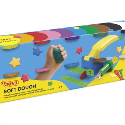 Conjunto JOVI Soft Dough em embalagem azul e amarelo com acessórios e massa colorida