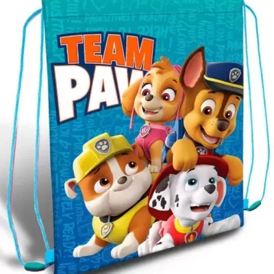 Saco de cordão azul com personagens de cães e texto TEAM PAW