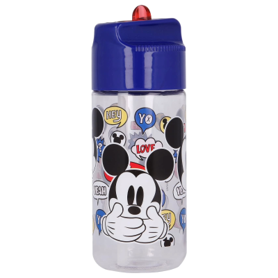 Garrafa de plástico com imagens do Mickey Mouse e tampa azul