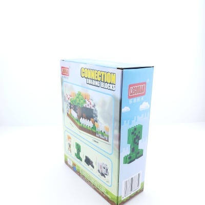 Caixa azul de blocos de construção LESHUN com imagens de figuras pixelizadas