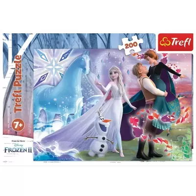 Caixa de puzzle Trefl Frozen II com 200 peças e personagens Elsa, Olaf, cavalo de gelo