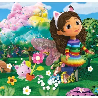 Menina animada com roupa colorida e orelhas de gato num jardim colorido com gato animado a segurar uma flor