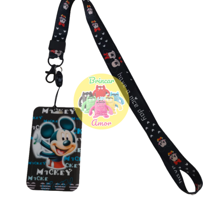porta-cartões do Mickey Mouse com cordão preto estampado