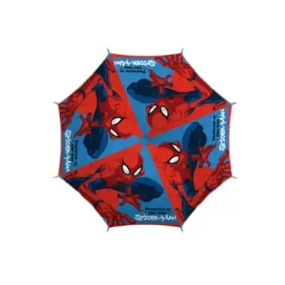 Guarda-chuva azul e vermelho com padrão do Homem-Aranha e texto SPIDER-MAN